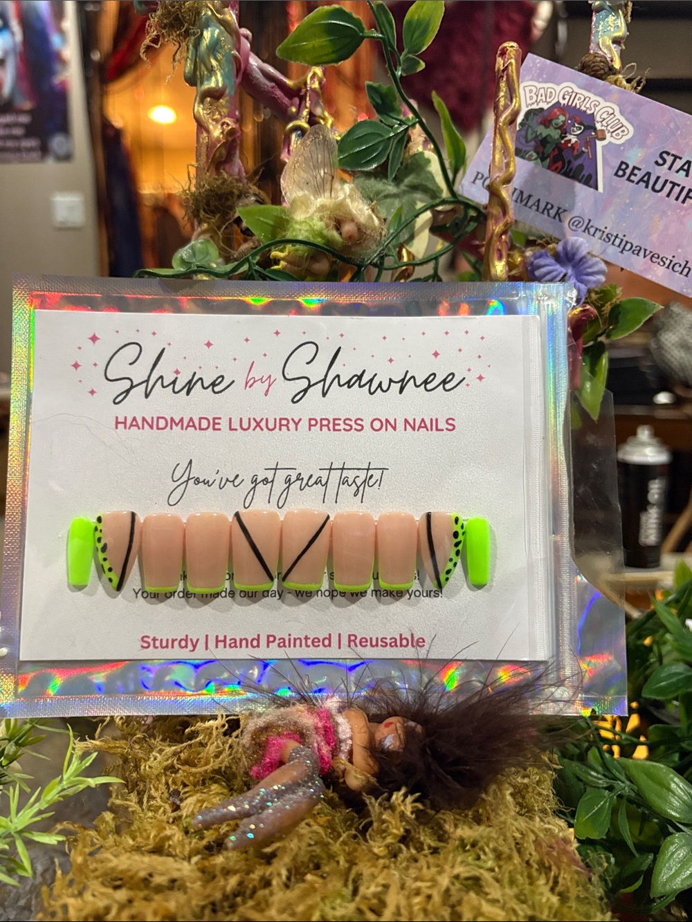 Neon Green & Nude Hand-Painted Reusable Press-On Nails NWT 5/$35
